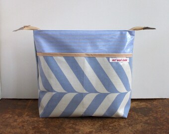 oilcloth cosmetic bag big, travel toiletry bag, make up, diaper bag, dots, blue, waves, washable ***