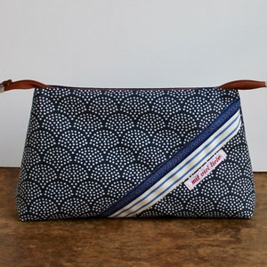 cosmetic bag , travel toiletry bag, weekend size, make up, pencil bag, waves , midnight blue, washable ***