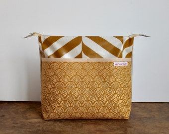 oilcloth cosmetic bag big, travel toiletry bag, make up, diaper bag, sun, waves, sand, yellow, washable ***