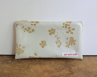 oilcloth, cosmetic bag small, make up, pencil case, zipper, flowers, stripes, yellow, golden, washable ***