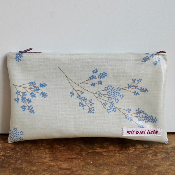 oilcloth, cosmetic bag small, make up, pencil case, zipper, blue, little flowers, washable ***