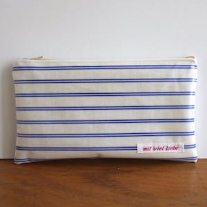 Mäppchen aus Wachstuch mit Ökotexsiegel, für Kosmetik, Make-Up oder Schreibzeug, Stifte, Medikamente, Reise, Streifen, blau, waschbar ***