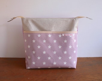oilcloth cosmetic bag big, travel toiletry bag, make up, diaper bag, knitting bag, wetbag for swimsuit, stars, pink, stripes, washable ***
