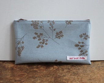 oilcloth, cosmetic bag small, make up, pencil case, zipper, boho flowers, grey, blue flowers, dots, washable ***