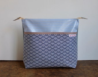 oilcloth cosmetic bag big, travel toiletry bag, make up, diaper bag, dots, blue, waves, washable ***