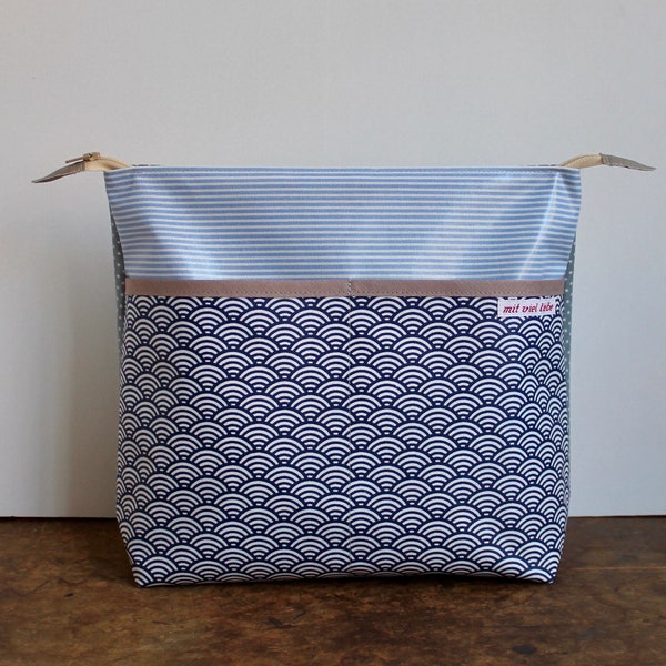 oilcloth cosmetic bag big, travel toiletry bag, make up, diaper bag, dots, blue, waves, washable ***