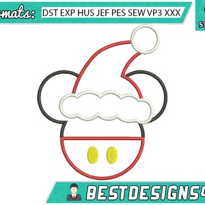 May include: A black and white outline of Mickey Mouse wearing a red and white Santa hat. The hat has a white pom-pom on top. The image is for embroidery.