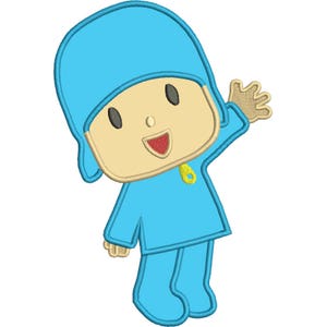 May include: A cartoon character with a blue hat and blue clothing, smiling and waving. The character has a yellow badge on their chest.
