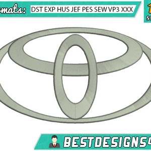 May include: A gray Toyota logo embroidery design in 15 sizes. The logo is a stylized oval with a smaller oval inside. The design is available in DST, EXP, HUS, JEF, PES, SEW, VP3, and XXX formats.