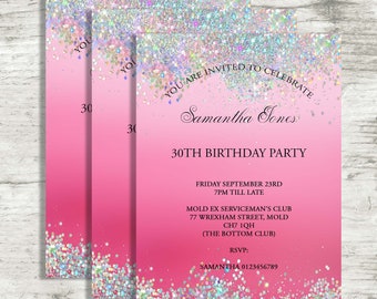 Personalised Holographic Glitter Background Birthday Invitations Complete with Envelopes Printed on High Gloss Cards
