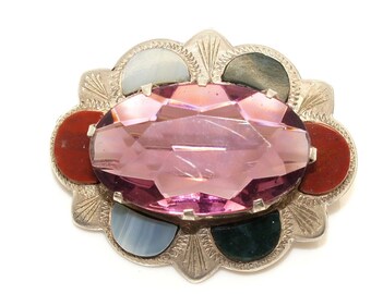 Vintage Scottish Sterling Silver Simulated Amethyst & Agates Oval Pin Brooch