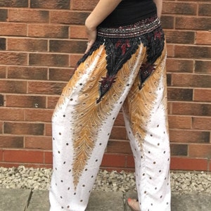 White Boho Style Deep Smock Waist Peacock Hippie Pants | Lightweight Summer Wide Leg Harem Trousers | Beach Yoga Travel Festival Holiday