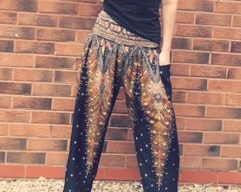 Handmade Boho Style Smock Waist Hippie Pants | Lightweight Elasticated Wide Leg Harem Trousers | Yoga Lounge Gym | Regular Plus XL (UK 6-22)