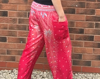 Pink Handmade Boho Smock Waist Hippie Pants | Lightweight Elasticated Wide Leg Harem Trousers | Yoga Lounge Gym | Regular Plus XL (UK 6-22)
