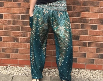 Handmade Boho Smock Waist Hippie Pants | Green Lightweight Elasticated Wide Leg Harem Trousers | Yoga Lounge Gym | Regular Plus XL (UK 6-22)