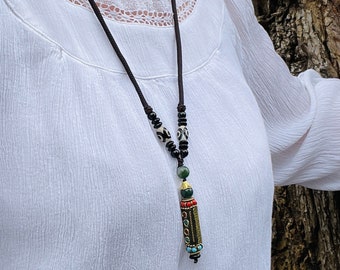 Handmade Tibetan Pendant | Long String Necklace | Spiritual Prayer Dzi Beads | Nepalese Buddhist Amulet Jewellery | Hippie Boho Ethnic Gift