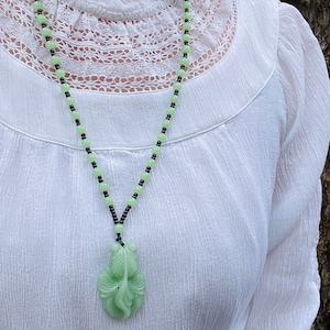 Green Jade Fish Pendant | Long Natural Beaded Stone Necklace | Koi Carp | Feng Shui Koi Carp Chakra Healing Yoga Meditation | Lucky Gift