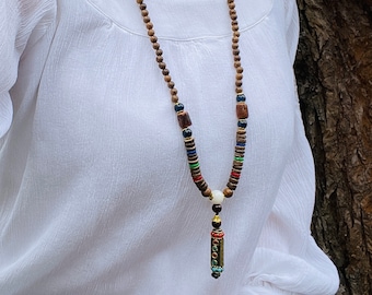 Handmade Tibetan Mala Pendant | Long Sandalwood Necklace | Spiritual Beaded Prayer | Nepalese Buddhist Amulet Jewellery | Hippie Boho Ethnic