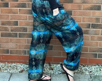 Kordelzug Taille Paisley Boho Hippie Hose | Leichte sommerliche Haremshose | Strand Yoga Reise Festival Urlaub | Türkis