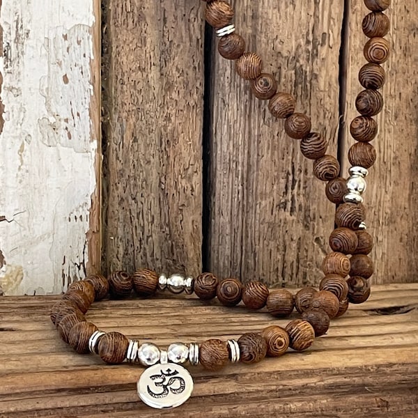 Handmade Sandalwood Yoga Beads | Stretch Necklace Wrap Bracelet | Long Elasticated Wood Mala | Prayer 108 Mantra Om Meditation Boho Hippie