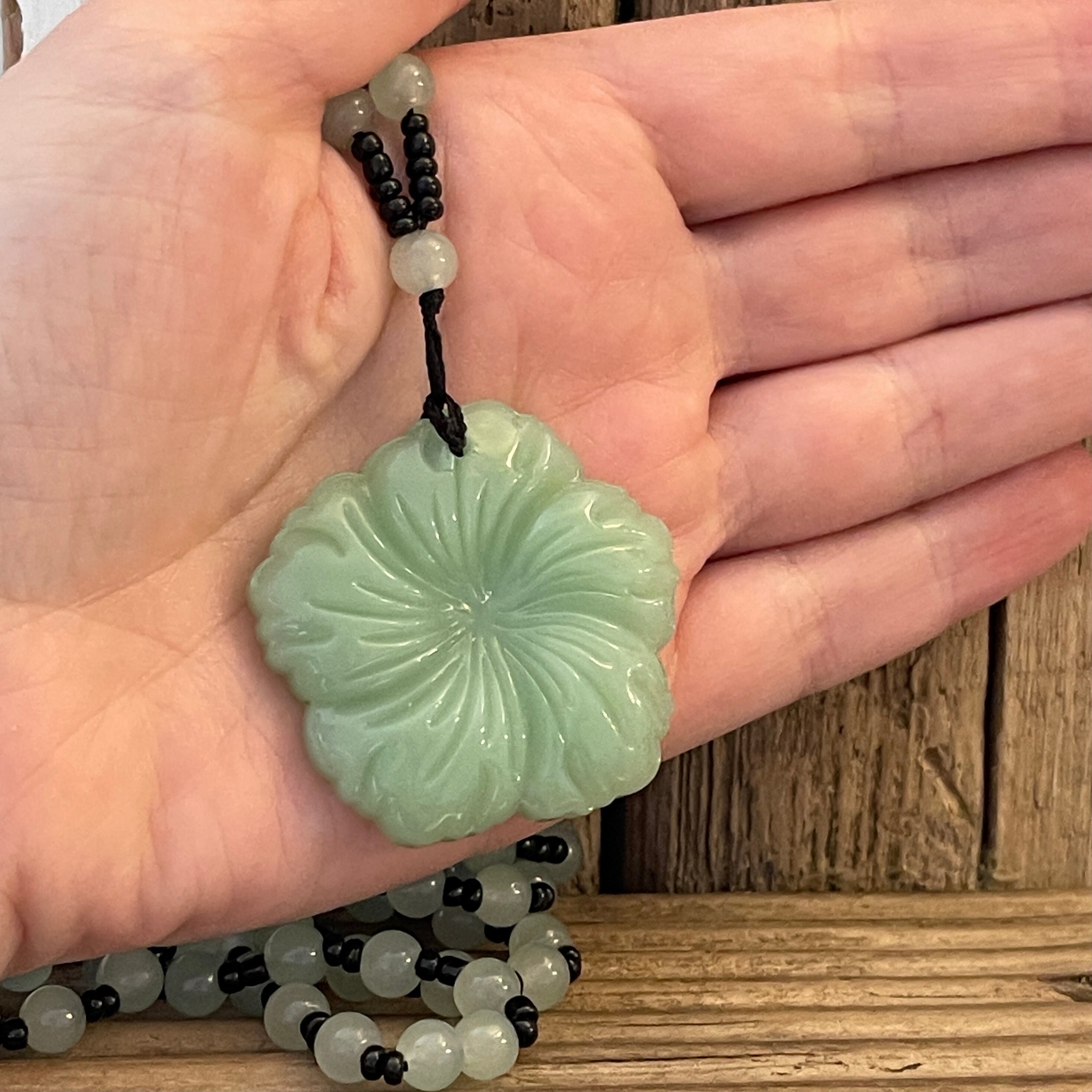 Buy Green Jade Lotus Flower Pendant Long Natural Beaded Stone Online in
