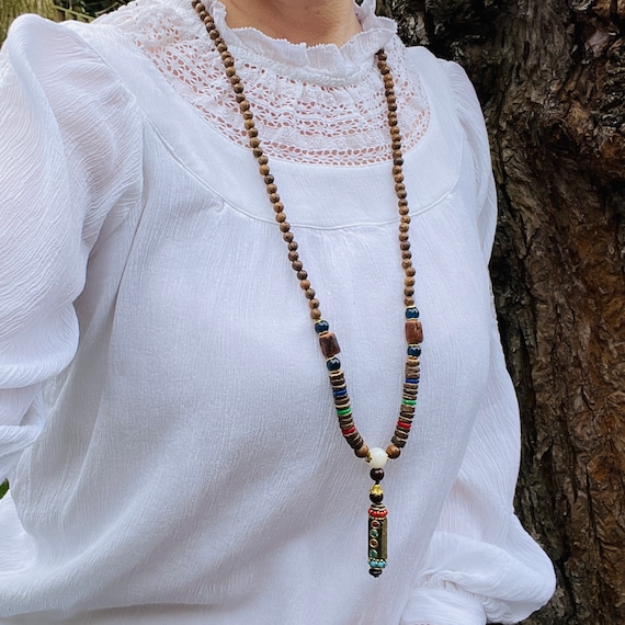 Handmade Tibetan Mala Pendant | Long Sandalwood Necklace | Spiritual Beaded Prayer | Nepalese Buddhist Amulet Jewellery | Hippie Boho Ethnic