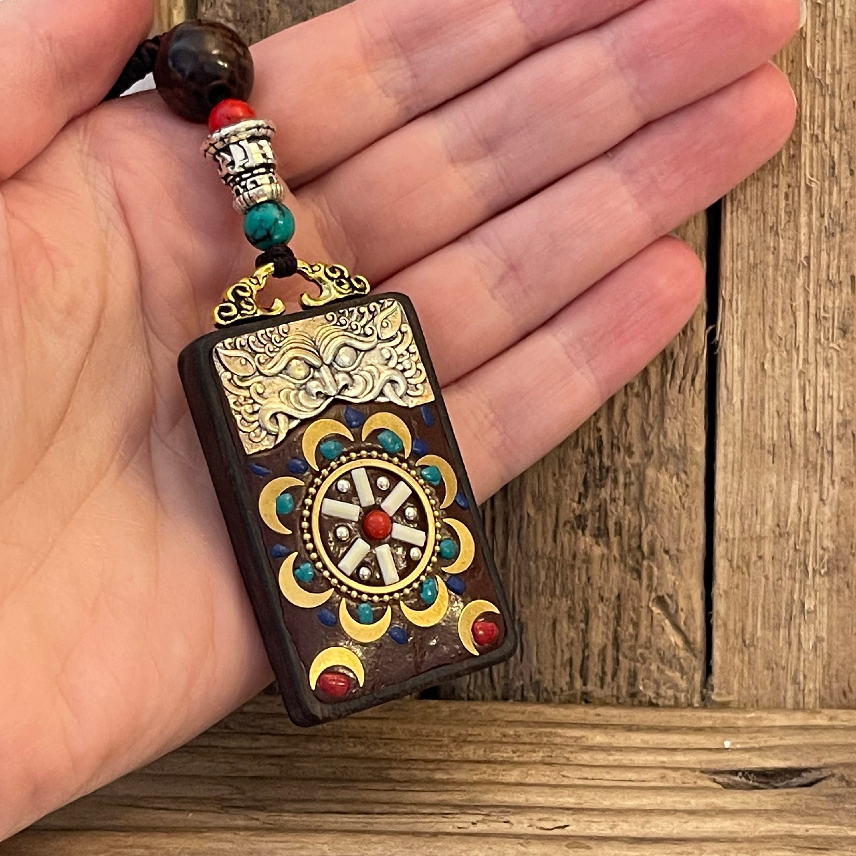 Handmade Tibetan Sandalwood Mandala Pendant | Long Adjustable Necklace | Wood Nepalese Dragon Buddhist Jewellery | Lucky Boho Ethnic Gift