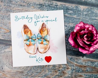 Personalised Shoes with Bows Birthday card - Birthday wishes name and or relation  Sister Aunt Daughter Friend Niece Goddaughter mum brother