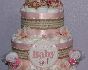 Shabby Chic Diaper Cake, Baby Girl Diaper Cake, Baby Shower Diaper Cake, Pink & Brown Diaper Cake, Diaper Cake Centerpiece, Mod Diaper Cake