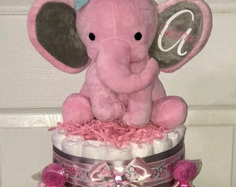 Pink & Grey Elephant Diaper Cake, Elephant Baby Shower Centerpiece, Baby Girl Diaper Cake | Personalized Diaper Cake