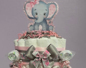 Pink & Grey Elephant Diaper Cake, Elephant Baby Shower Centerpiece, Blue and Grey Elephant Diaper Cake | Available in Other Colors