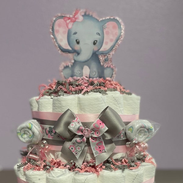 Pink & Grey Elephant Diaper Cake, Elephant Baby Shower Centerpiece, Blue and Grey Elephant Diaper Cake | Available in Other Colors