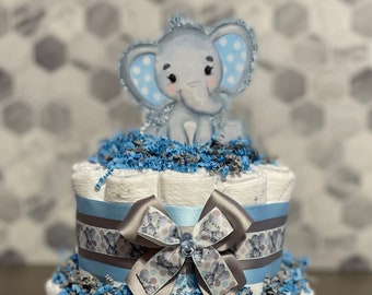 Blue & Grey Elephant Diaper Cake, Elephant Baby Shower Centerpiece, Baby Boy Diaper Cake   Available in 1, 2 or 3 Tiered Sizes