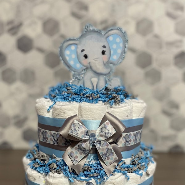Blue & Grey Elephant Diaper Cake, Elephant Baby Shower Centerpiece, Baby Boy Diaper Cake   Available in 1, 2 or 3 Tiered Sizes