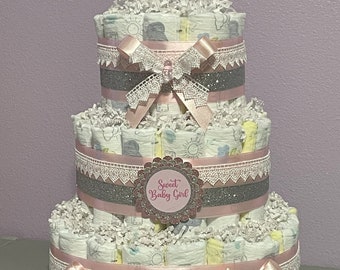 Pink and Grey Diaper Cake | Baby Girl Diaper Cakes | Baby Shower Diaper Cake Centerpiece | Pink Diaper Cakes