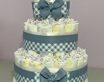 Elegant Boy Diaper Cake |  Blue and White Diaper Cakes | Baby Shower Diaper Cake Centerpiece | Baby Boy Diaper Cakes