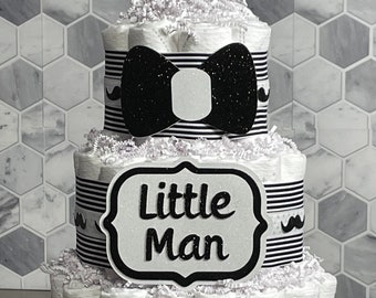 Little Man Diaper Cake | Mustache Diaper Cake | Back and White Diaper Cakes | Baby Shower Diaper Cake Centerpiece | Baby Boy Diaper Cakes