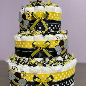 Bumble Bee Diaper Cake, Neutral Baby Diaper Cakes, Diaper Cake Centerpiece, Unisex Baby Shower - 2 Sizes to Choose From