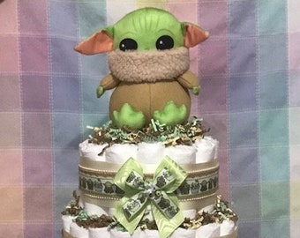 Baby Yoda Diaper Cake | Star Wars Diaper Cake | Grogu Diaper Cake | Baby Shower Diaper Cake Centerpiece