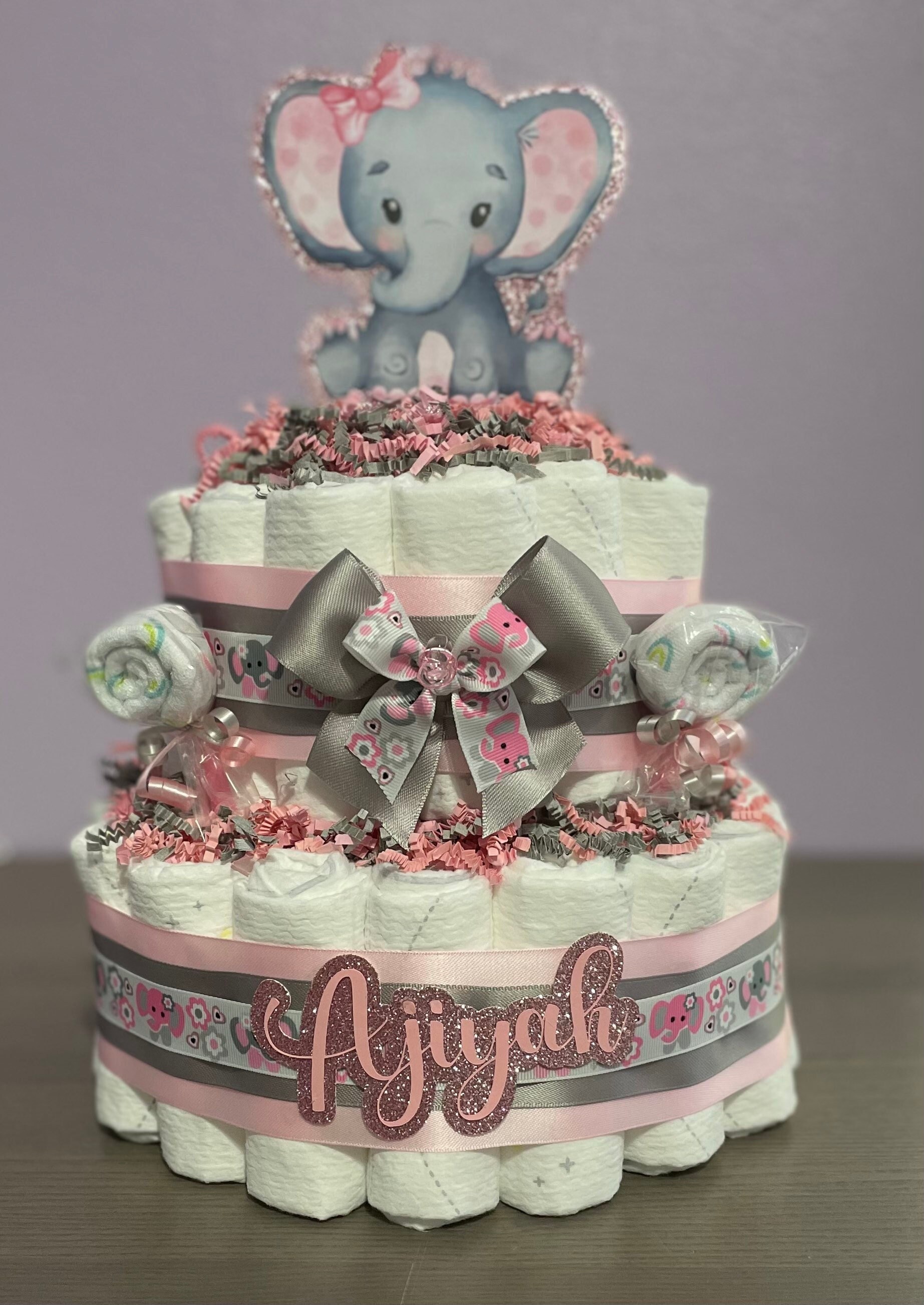 Pink Grey Elephant Diaper Cake Elephant Baby Shower Centerpiece