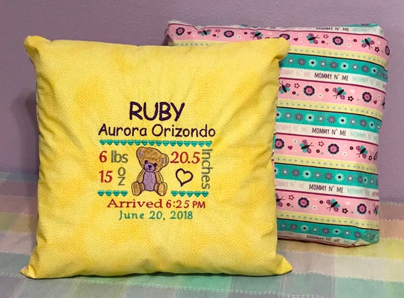 embroidered birth announcement pillow