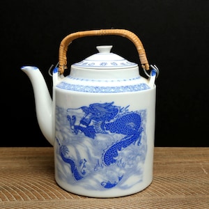 Dragon and Koi Fish Teapot- Blue and White Porcelain