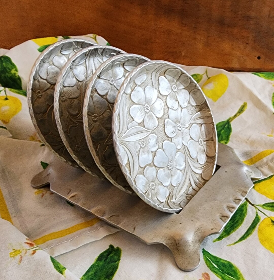 Vintage Everlast Aluminum Coaster Set and Caddy, Stamped Aluminum