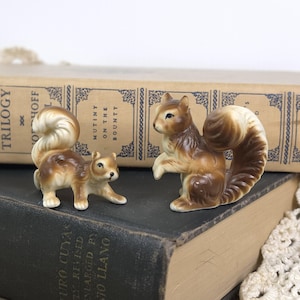 May include: Two ceramic squirrel figurines. One is posed on all fours, the other standing upright. Both have brown and cream-colored fur, with detailed features. They are set against a backdrop of vintage books, creating a charming, rustic aesthetic.