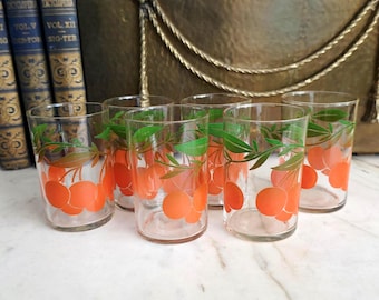 Set di 6 bicchieri da succo vintage, con decorazioni di ciliegie e foglie.