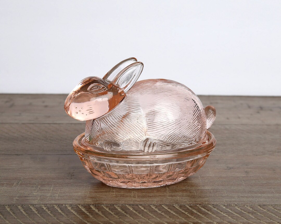 Pink Glass Rabbit on Nest Candy Dish Trinket Dish Easter Etsy