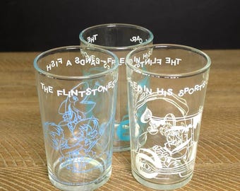 Vintage 1962 Flintstones Jelly Juice Glasses Set of 3 Hanna-Barbera Blue White