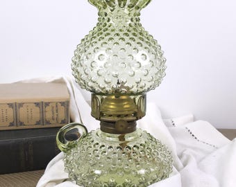 Vintage Fenton Green Hobnail Oil Lamp, Courting Lamp