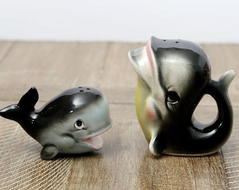 Vintage Anthropomorphic Ceramic Whale Salt And Pepper Shakers, Big Eyes