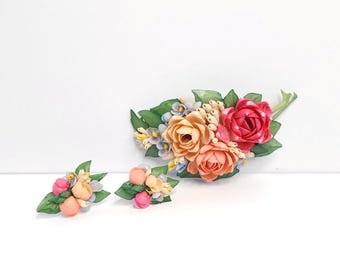 Set di orecchini e spilla vintage a forma di conchiglia, gioielli fatti a mano.